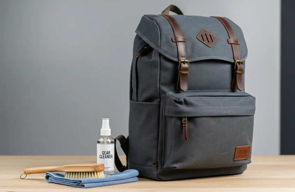 Imagen de una mochila limpia y bien cuidada sobre una mesa de madera, junto a un cepillo suave y un paño de limpieza. La foto ilustra el proceso de aseo y cuidado de mochilas