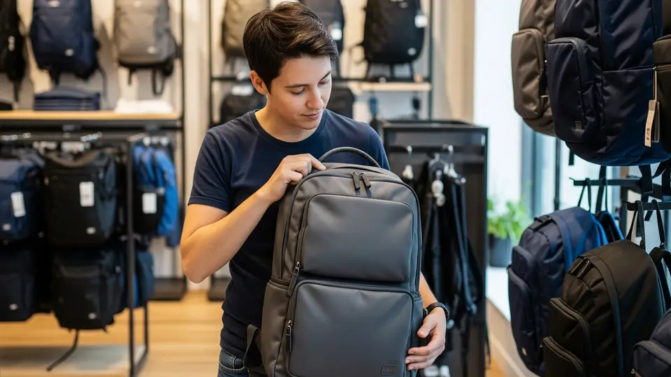 Una persona escogiendo una mochila para el uso diario en una tienda