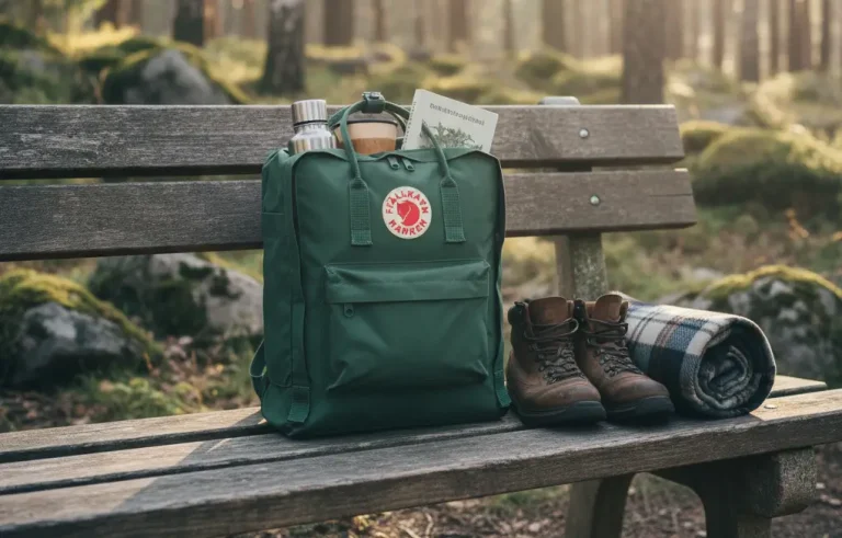Mochila kanken sobre una banca
